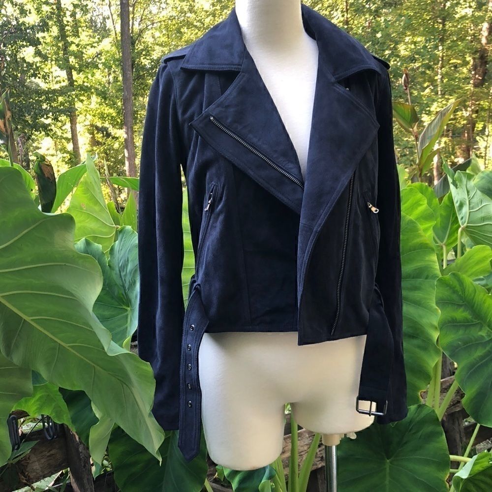 Parker Suede Moto Leather Jacket in Blue